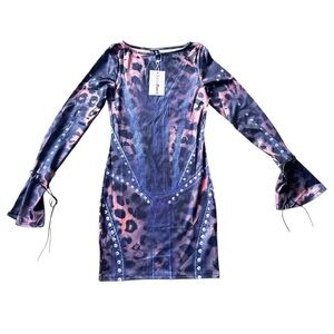 Blue and Purple Long Sleeve Bodycon Dress for Night Out